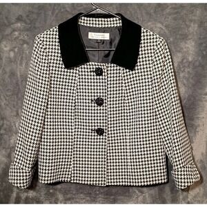 Vtg Tahari Arthur S Levine Houndstooth‎ Jacket Blazer Black Velvet Collar Sz 10